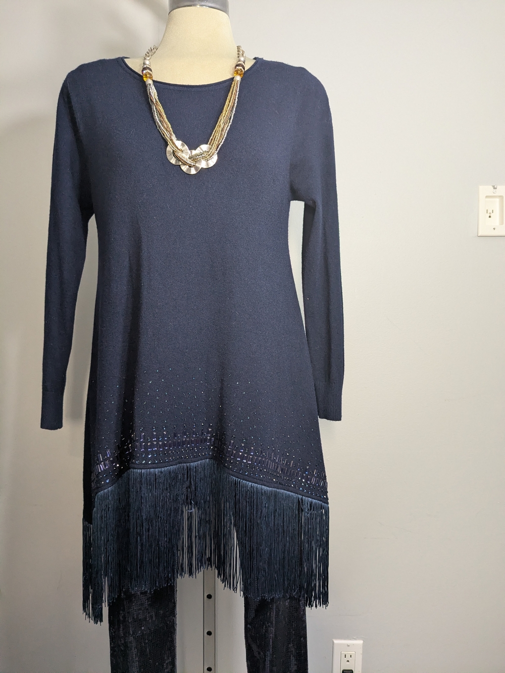 Navy Long-Sleeve Fringe Hem Women's Dress